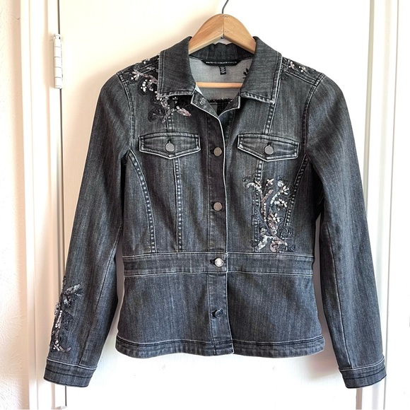 White House Black Market Size 6 rhinestone sequin embellished Jean Jacket Y2K - Picture 1 of 12